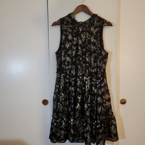 Sara Michelle Elegant Black and Gold Floral Pint Sherr Overlay Sleeveless Dress.